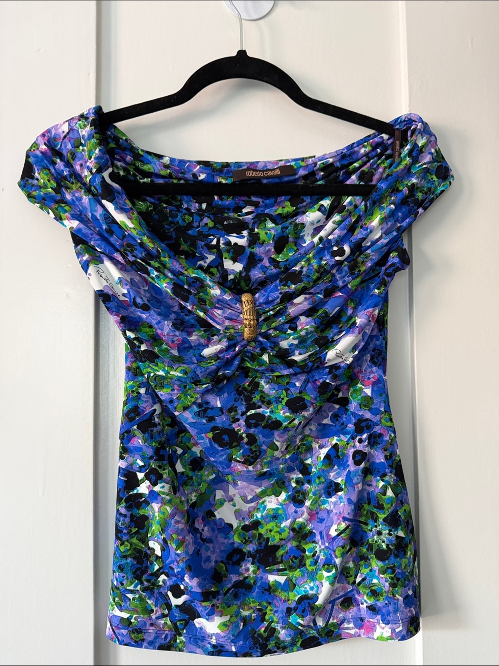 Roberto Cavalli Blue Green Floral Drape Top with Gold Detail IT40 Small